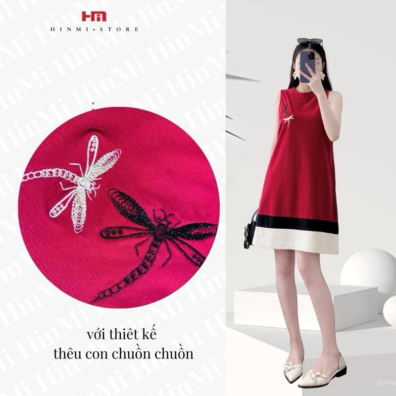 Váy Ba Lỗ Phối Cổ Tròn Thêu Con Chuồn Chuồn Chất Conton Co Giản Nhẹ Mềm Mịn Nữ Women Dress Tre
