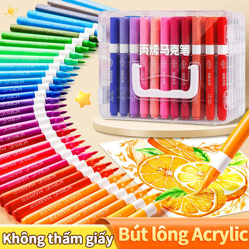 Bút màu acrylic marker ngòi brush linh hoạt hộp 60/72/84 màu tươi sáng cho học sinh vẽ DIY