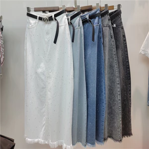Công nghiệp nặng Hot-Rhinestone Frayed Denim Váy Nữ 2026 Phong Cách Mới Cao Cấp Ôm Hơn Nhìn Giữa Chiều Dài Chữ A