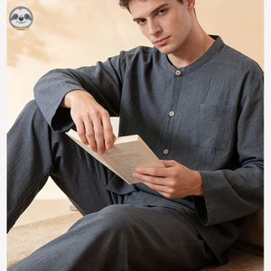 Bộ đồ dài tay nhuộm sợi Cotton nguyên chất dành cho nam / Bộ đồ ngủ Cardigan dài tay màu trơn / Thoải mái