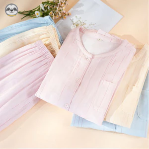 Nữ Màu Trơn Cotton Nguyên Chất Tám Phần Tư Tay Áo Loungewear / Line Sọc Cardigan Quần Bộ Đồ Ngủ / Rời Thoải Mái Bên Ngoài