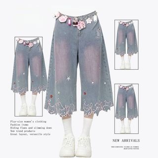Thiết Kế Tiểu Thuyết Mèo Con Ngôi Sao Thêu Denim Crop Quần Hoạt Hình Hàng Hóa Nữ Rời Ôm Hơn Nhìn Rộng-