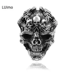 LUImo Có Thể Điều Chỉnh Vintage Fashiuon Punk Bạc Độc Đoán Đầu Lâu Nhẫn Nam Nữ Biker Xe Máy Trang Sức SBS