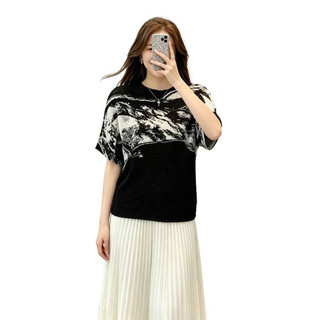 Issey Miyake Họa Tiết Mực Tranh Xếp Ly Áo Thun Nữ Phong Cách Hàn Quốc Rời Cổ Tròn Áo Chui Đầu Tay Ngắn Mùa Hè