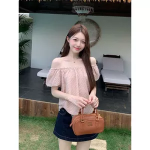 Phong cách Hàn Quốc Phong cách lười biếng Chấm bi màu hồng Thiết kế áo sơ mi ngắn tay dáng rộng phù hợp