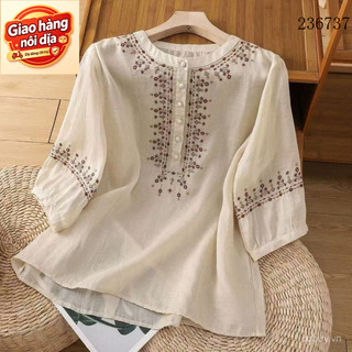Giao hàng nội địa từ Việt Nam Áo sơ mi cotton lanh nửa tay dành cho phụ nữ với cổ đứng giả và thêu retro mỏng nhẹ
