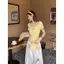Áo thun ngắn tay vai giả hai mảnh màu vàng phong cách Hàn Quốc mùa hè dành cho nữ Sweet Hot Girl Slim-Fit Design Áo ngắn