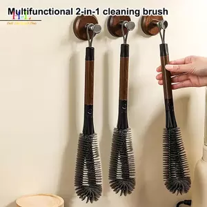 HL 2 Trong 1 Bình Sữa Bàn Chải Cốc Chà Kính Lau Nhà Bếp Dụng Cụ Vệ Sinh Tay Cầm Dài Chai Uống Cốc Thủy Tinh Bàn Chải Vệ Sinh LMWU