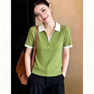 Phong Cách Hàn Quốc Đi Lại Cổ POLO Xanh Hải Quân Dệt Kim Tay Ngắn Nữ Mùa Hè Tính Khí Mỏng Phong Cách Khâu Áo Thun Top