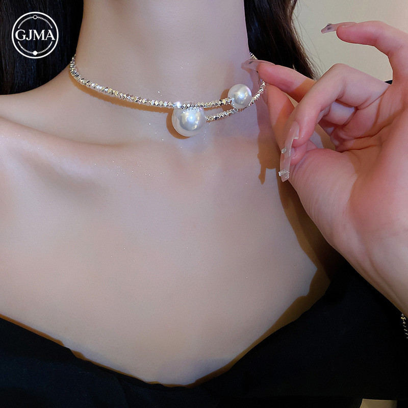 Vòng cổ ngọc trai tráng kim cương sang trọng của Pháp, phụ kiện dây chuyền xương đòn cổ điển thời trang dành cho nữ