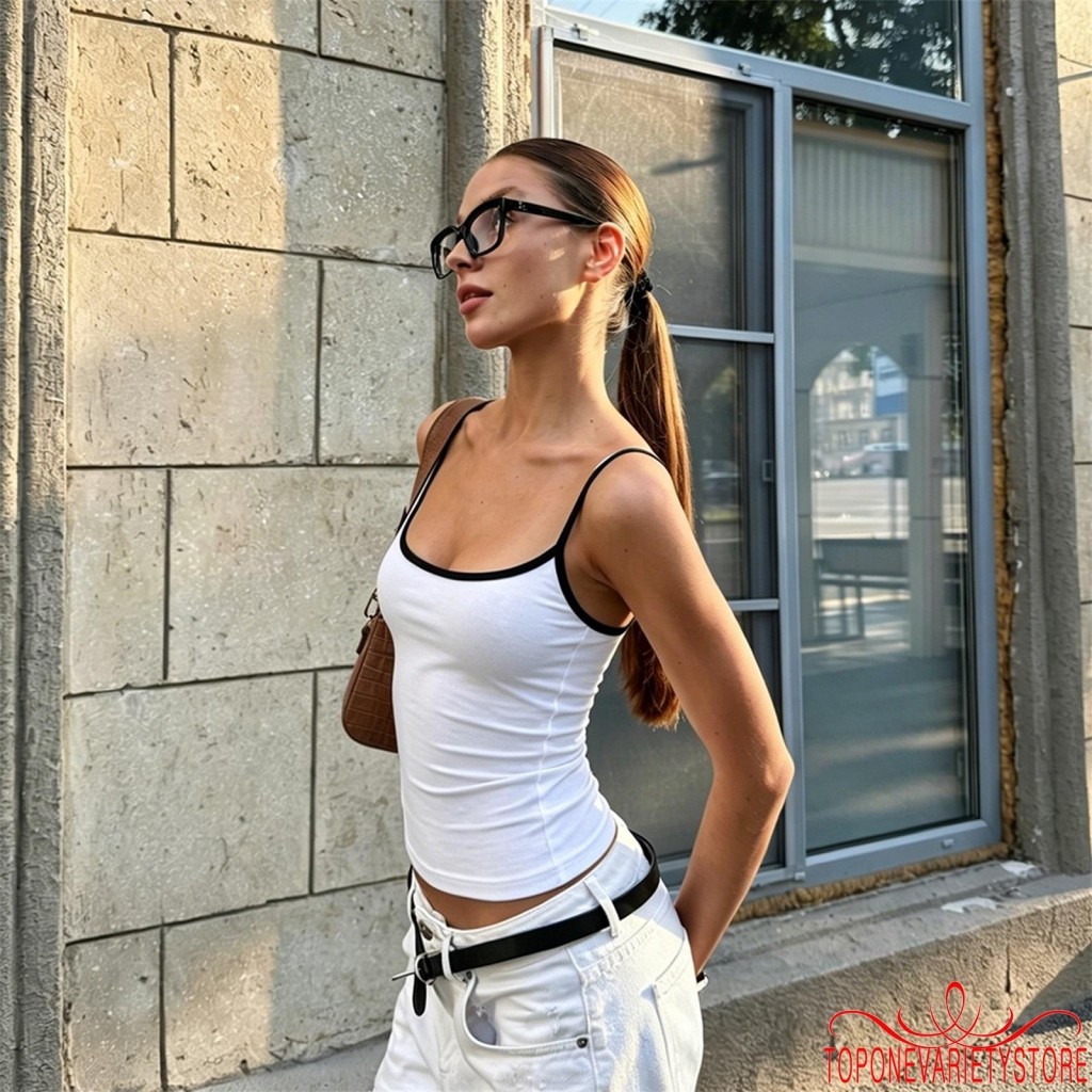 Topone-Nữ Áo Không Tay Cắt Thấp Màu Tương Phản Mỏng Phù Hợp Với Áo Vest Mùa Hè Cho Đảng Câu Lạc Bộ