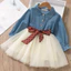 ✿ Bé Gái Denim Áo Tulle Chắp Vá Đầm Peter Pan Cổ Áo Chấm Bi Nơ Mềm Mại Trẻ Em Đầm Công Chúa