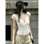 Phong cách mục vụ Pháp Cổ chữ V cổ chữ V cổ hẹp Xù ngắn tay dành cho nữ mùa hè Slim-Fit Áo Vest thiết kế ngọt ngào