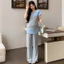 Bộ đồ bà bầu Áo khâu sọc mùa hè + Bộ hai mảnh quần ống rộng dáng rộng