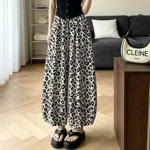Da báo in hoa mùa hè thoáng khí Phong cách mới Lười dáng rộng eo cao Quần ống rộng đến mắt cá chân thông thường dành cho nữ