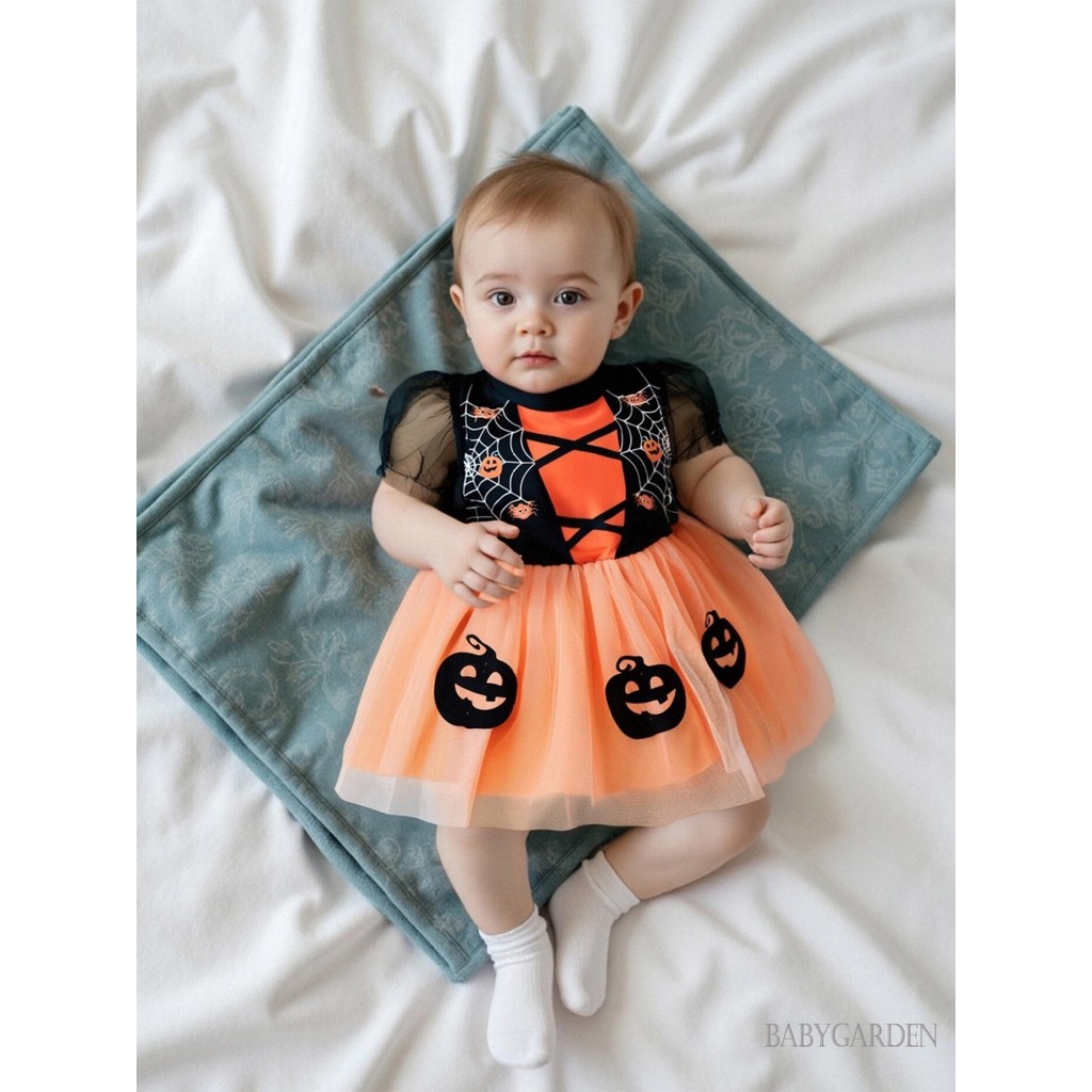 6m-4Y Bé Gái Halloween Váy tuyn Tay Ngắn Mèo Đen In Hình Họa Tiết Dơi Ma Quái