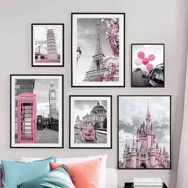 Poster phong cảnh thành phố Pháp hiện đại, thích hợp để trang trí nhà cửa phòng khách, màu hồng và đen Tháp Eiffel Paris vẽ tranh tường nghệ thuật