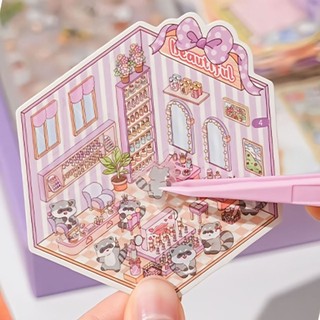 RISEDOT Nhãn dán cảnh quan thu nhỏ, Phim hoạt hình DIY House Sticker Scene Collection, Dễ thương 50 trong 1 Xếp chồng trực quan Nhãn dán phong cảnh PET Quà tặng sách