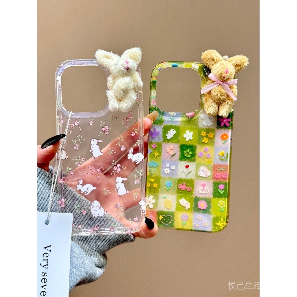 Thỏ ba chiều hoa toàn màn hình Thích hợp cho iPhone17 / 16promax Vỏ điện thoại 15 / 14 / 13 Phong cách mới 12