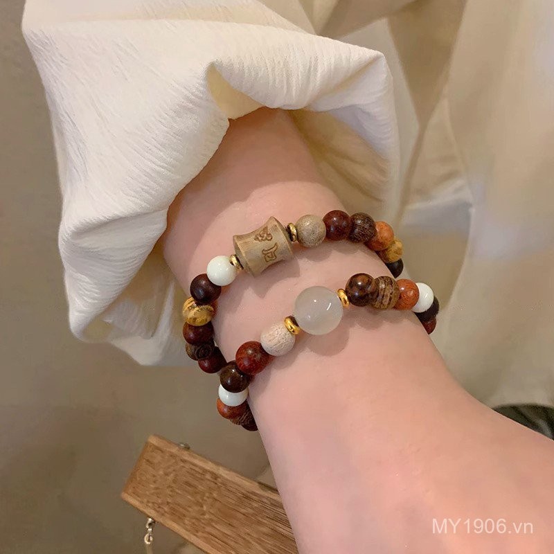 Vòng tay gỗ nhiều hạt thơm, phong cách mới và dân tộc với cườm đính kết đẹp mắt