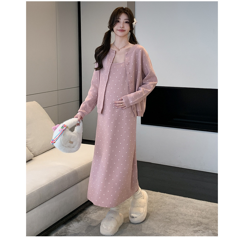 Bộ đồ bà bầu hai mảnh mùa thu, phong cách lười biếng và thời trang Hàn Quốc, váy dệt kim tiện lợi.