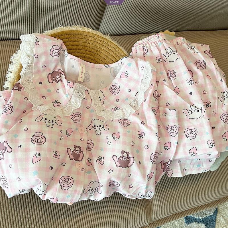 Bộ đồ ngủ thỏ lưới ren ngọt ngào, cổ búp bê cho xuân thu, quần dài tay