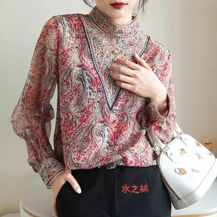 Áo sơ mi nữ mùa xuân phong cách mới phương Tây, thêu đèn lồng công nghiệp nặng