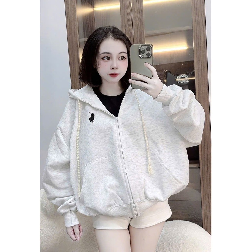 Áo khoác nỉ có khoá kéo form rộng mũ 2 lớp unisex nam nữ- hình thêu con ngựa ở ngực
