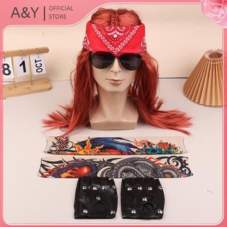 A & Y Trang phục rock'n'roll thập niên 70-80 cho nam và nữ, kèm theo tóc giả, kính mát và vòng cổ.