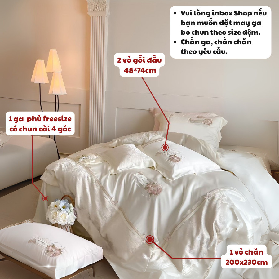 Bộ chăn ga gối Tencel cao cấp mềm mượt MemMinbedding Luxury họa tiết thêu hoa bướm tinh tế sang trọng - L41648