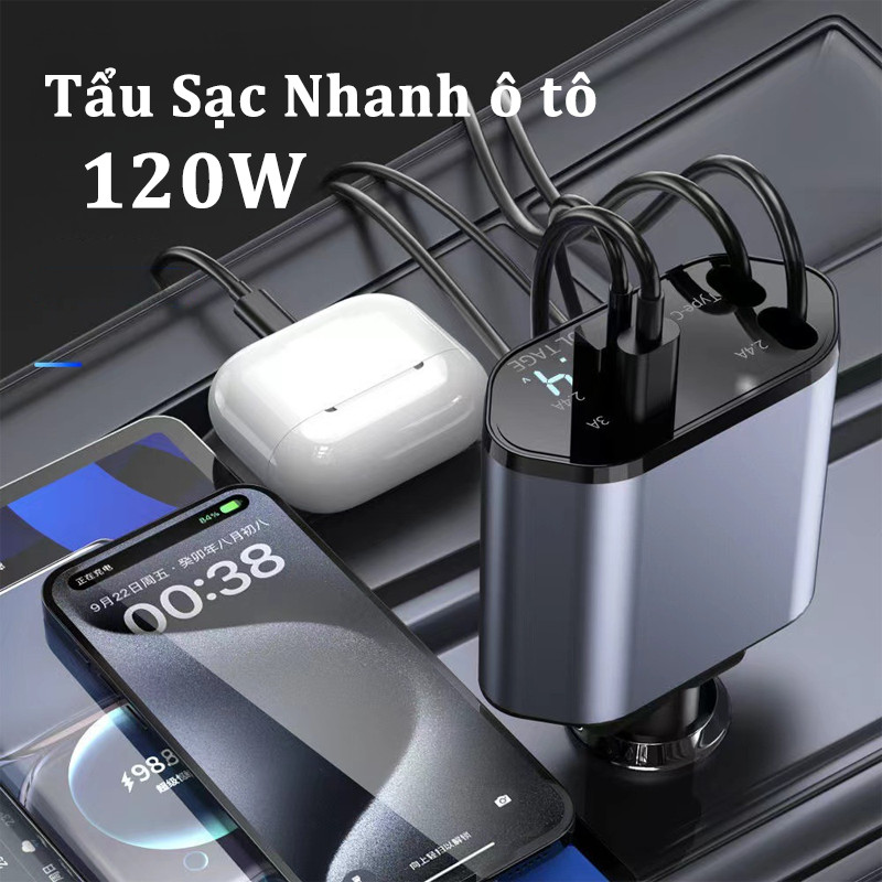 Tẩu Sạc Nhanh ô tô 120W 4-in-1, Bộ sạc xe hơi, màn hình LED thông minh, USB Type-C