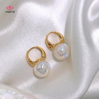 Vòng bông tai nữ màu vàng dày tròn với hạt ngọc trai, phong cách Hàn Quốc mới