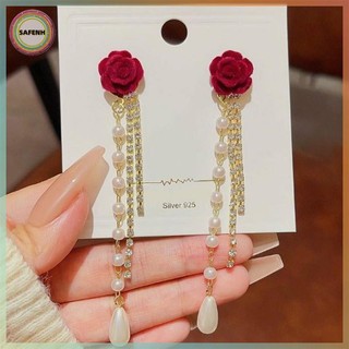 SAFENH Bông tai tua rua ngọc trai hoa hồng đỏ - Thiết kế thanh lịch, phù hợp làm quà tặng