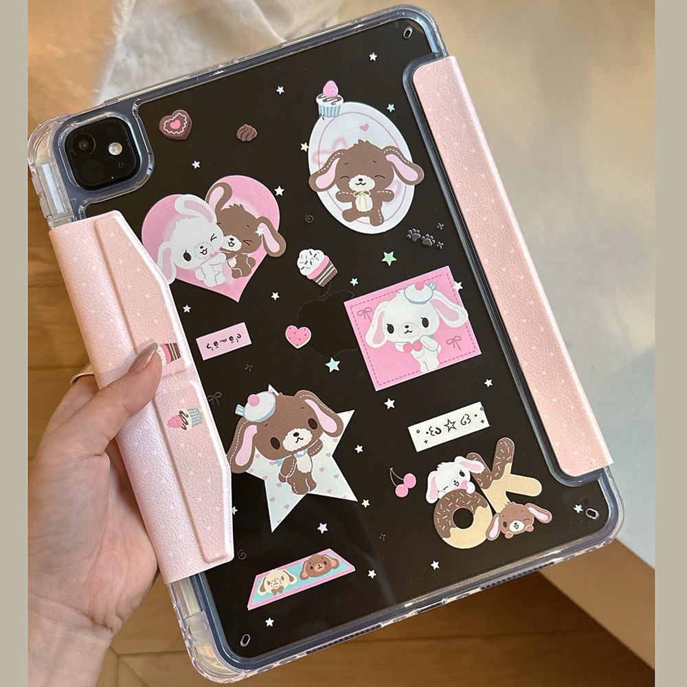 Vỏ Cứng Y Gấp Da Hồng Bunny Cho Mini6 Mini7 A17Pro IPad 5 6 7 8 9 10 11 A16 Air 2 3 4 5 6 7 Air 11 M2 M3 Pro10.5 Pro11 2018 2020 2021 2022 M4 Pro13 2024 Khe cắm bút chì
