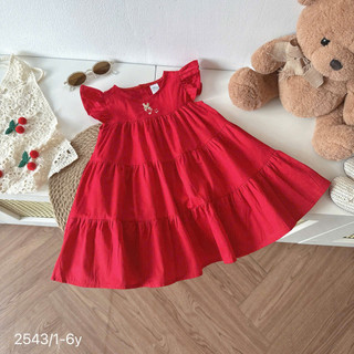 Váy Đỏ Tết Noel Thêu Thỏ Nấm Cho Bé Gái Chất Thô Lụa 8-26kg
