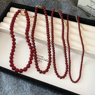 Vòng cổ ngọc trai đỏ cổ điển, thời trang với thủy tinh đính cườm dành cho nữ