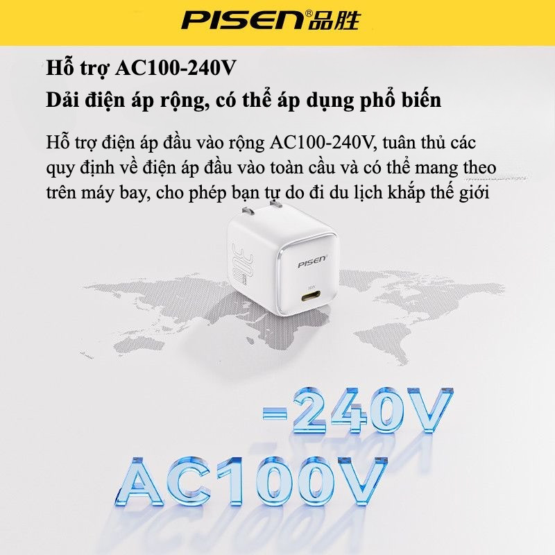 Bộ Sạc nhanh PISEN 30W GaN PD - Không nóng gắt củ - nhỏ gọn -  Tương thích nhiều dòng máy - Bảo hàng 6 tháng