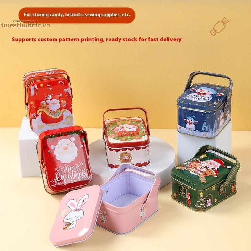 TRTR Hộp Quà Tặng Thiếc Giáng Sinh Dễ Thương Sắt Có Tay Cầm Hộp Kẹo Kim Loại Tinh Tế Ông Già Noel Tinplate Hộp Kẹo VN