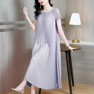 Đầm ngắn tay xếp ly Issey Miyake cỡ lớn Cổ tròn màu trơn xếp ly dáng rộng vừa vặn Mùa hè giảm tuổi