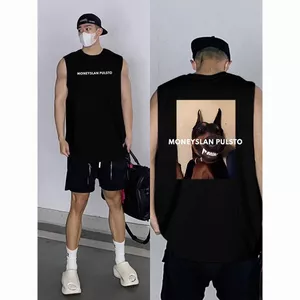 Mùa Hè Nặng Cotton Nguyên Chất Dạo Phố Doberman In Áo Thun Rời Thường Ngày Phong Cách Mới Áo Khoác Không Tay Của Mỹ
