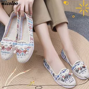 Giày bệt nữ NICOLOO, Giày đế bệt thêu lưới chống trượt, Giày lười thoáng khí đeo hàng ngày