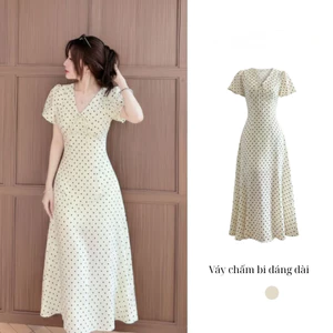 Váy chấm bi dáng dài và dáng ngắn cổ V tay phồng hàn quốc Thaobaoshop