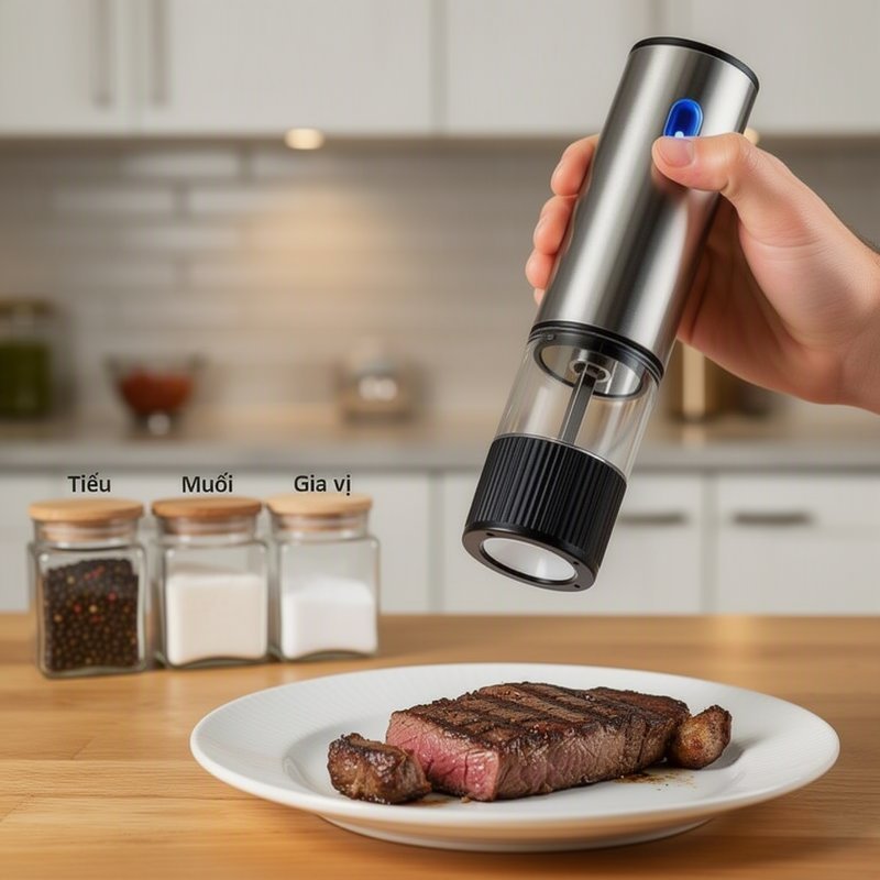 máy xay tiêu điện mini inox cảm biến nghiêng sạc type c lõi gốm chỉnh mịn xay muối gia vị