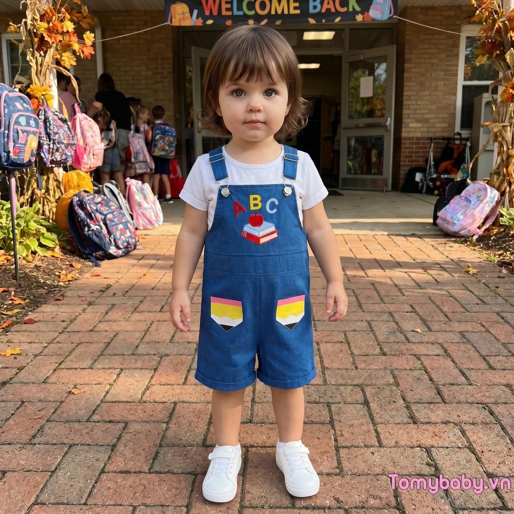 [lpDL] Quần yếm trẻ em Back to School Letter Book Thêu áo liền quần không tay có khóa thông thường