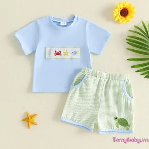 Trang phục mùa hè cho bé trai Áo thêu sinh vật đại dương tay ngắn + Quần Short sọc Bộ 2 chiếc