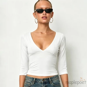MAPLEPOET-Áo 3 / 4 tay Slim Dot Print / Áo thun cổ chữ V trơn