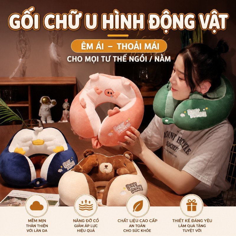 Gối Chữ U Chống Mỏi Cổ Vai Gáy Nhung Pha Lê Bông PP Dùng Văn Phòng Du Lịch Máy Bay 30x30