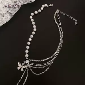 AqToCna Sáng Bóng Pha Lê Bướm Nelace Ngọc Trai Nhiều Lớp Tinh Tế Dây Xích Xương Đòn Dây Buộc Cho Nữ 2022 Xu Hướng Trang Sức Thẩm Mỹ AqToCna
