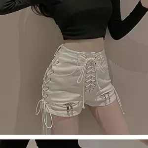 Quần short buộc dây kiểu Mỹ Retro Hot Girl mùa hè thon gọn hơn Quần Denim lưng cao