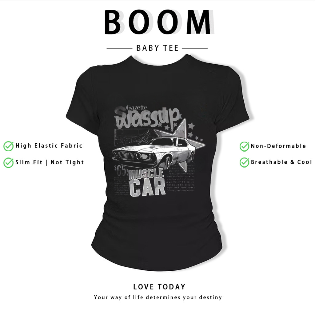 BOOM Áo Baby Tee Nữ Cotton Ôm Body-Áo Thun Ngắn Tay Y2K In Hình PhongCách Mùa Hè, Cổ Tròn Hàng Đầucách hàn quốc phong392